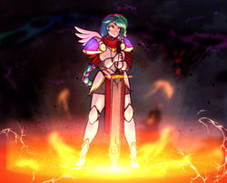 Size: 3241x2600 | Tagged: safe, artist:scorpdk, character:princess celestia, species:human, alternate hairstyle, armor, badass, female, fire, humanized, lightning, pony coloring, solo, sword, warrior celestia, weapon, winged humanization