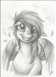 Size: 2550x3506 | Tagged: safe, artist:lupiarts, character:derpy hooves, species:pegasus, species:pony, feather, female, floppy ears, grayscale, grin, looking at you, mare, monochrome, simple background, smiling, solo, spread wings, traditional art, wings