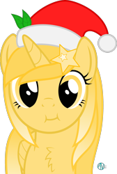 Size: 1700x2529 | Tagged: safe, artist:arifproject, oc, oc only, oc:favourite, species:alicorn, species:pony, derpibooru, derpibooru ponified, :i, alicorn oc, arif's christmas pones, arif's scrunchy pone, chest fluff, clothing, cute, hair accessory, hat, leaf, looking at you, meta, ponified, santa hat, simple background, solo, transparent background, vector