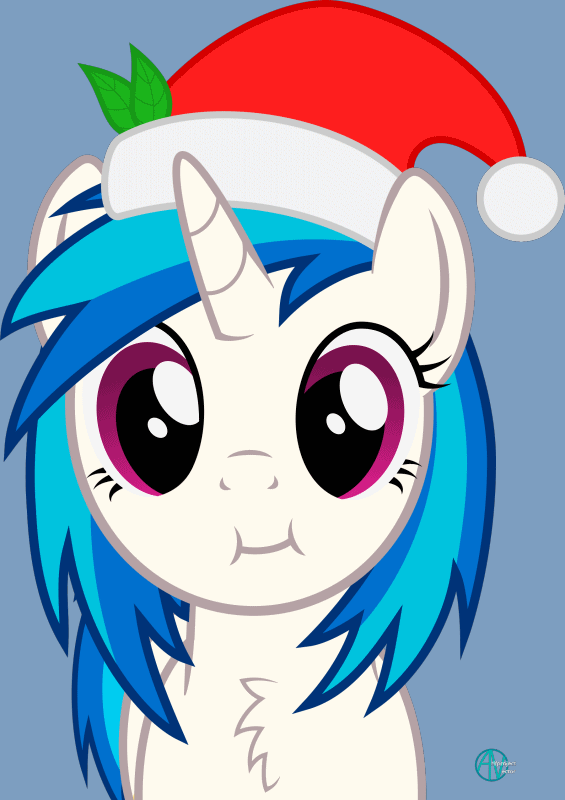 Size: 565x800 | Tagged: safe, artist:arifproject, derpibooru original, character:dj pon-3, character:vinyl scratch, species:pony, species:unicorn, :i, animated, arif's christmas pones, arif's scrunchy pone, blue background, chest fluff, clothing, cute, eye shimmer, female, gif, hat, leaf, looking at you, mare, santa hat, simple background, solo, vinylbetes