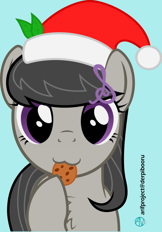Size: 560x800 | Tagged: safe, artist:arifproject, derpibooru original, character:octavia melody, species:earth pony, species:pony, :3, animated, arif's christmas pones, arif's scrunchy pone, blue background, chest fluff, clothing, cookie, cute, female, food, gif, hat, hnnng, holding, leaf, looking at you, mare, munching, santa hat, simple background, solo, tavibetes