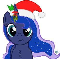Size: 2500x2481 | Tagged: safe, artist:arifproject, character:princess luna, species:alicorn, species:pony, :i, arif's christmas pones, arif's scrunchy pone, chest fluff, clothing, cute, female, hat, leaf, looking at you, mistletoe, santa hat, simple background, solo, transparent background, vector