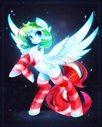 Size: 1629x2022 | Tagged: safe, artist:koveliana, oc, oc only, oc:mint polaire, species:pegasus, species:pony, chromatic aberration, clothing, commission, looking at you, rearing, socks, solo, striped socks