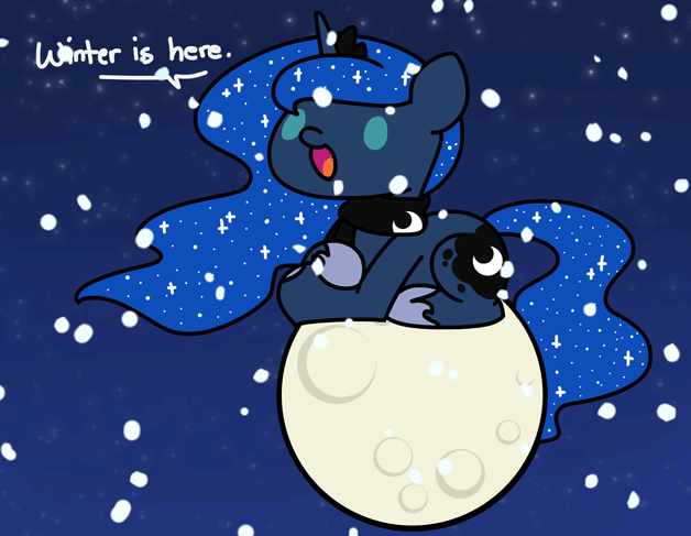 Size: 628x487 | Tagged: safe, artist:flutterluv, character:princess luna, species:alicorn, species:pony, animated, chibi, clothing, cute, ear twitch, female, floppy ears, full moon, gif, lunabetes, moon, scarf, snow, solo, tangible heavenly object, winter, winter solstice