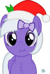 Size: 1800x2655 | Tagged: safe, artist:arifproject, oc, oc only, oc:comment, species:pegasus, species:pony, derpibooru, derpibooru ponified, :i, arif's christmas pones, arif's scrunchy pone, chest fluff, christmas, clothing, cute, female, hair accessory, hat, leaf, looking at you, mare, meta, ponified, ribbon, santa hat, simple background, solo, transparent background, vector
