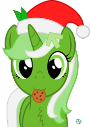 Size: 1808x2547 | Tagged: safe, artist:arifproject, oc, oc only, oc:upvote, species:pony, species:unicorn, derpibooru, derpibooru ponified, :3, arif's christmas pones, arif's scrunchy pone, chest fluff, clothing, cookie, cute, female, fluffy, food, hair accessory, hat, leaf, looking at you, mare, meta, mouth hold, nom, ponified, santa hat, simple background, smiling, solo, transparent background, vector