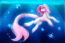 Size: 3000x2008 | Tagged: safe, artist:koveliana, oc, oc only, oc:coral, species:pony, bubble, chromatic aberration, crepuscular rays, female, mare, ocean, open mouth, original species, shark pony, solo, underwater