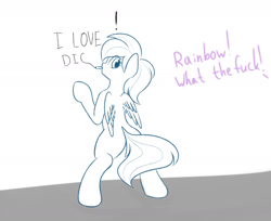 Size: 1280x1047 | Tagged: safe, artist:elzzombie, character:rainbow dash, species:pony, bipedal, bipedal leaning, dialogue, exclamation point, female, graffiti, implied twilight sparkle, leaning, looking back, mouth hold, offscreen character, solo, spread wings, vulgar, wall writing, wings, writing