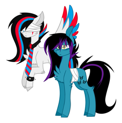 Size: 529x532 | Tagged: safe, artist:despotshy, artist:huirou, oc, oc only, oc:despy, oc:huirou lazuli, species:pegasus, species:pony, amputee, bandage, colored wings, missing limb, multicolored wings, necktie, simple background, white background, wingless