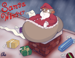Size: 3300x2550 | Tagged: safe, artist:nekocrispy, oc, oc only, oc:winterlight, species:pony, awkward, awkward moment, belly, bhm, chimney, christmas, christmas is cancelled, clothing, costume, fat, hat, holiday, impossibly large belly, male, obese, present, santa claus, santa hat, solo, stallion, stuck