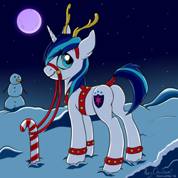 Size: 2000x2000 | Tagged: safe, alternate version, artist:meowcephei, character:shining armor, species:deer, species:reindeer, ankle bracelet, antlers, bridle, christmas, gleaming shield, harness, headband, night, plot, reins, rule 63, santa claus, snow, snowman, solo, tail wrap, winter, ych result