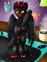 Size: 1125x1500 | Tagged: safe, artist:fkk, oc, oc only, species:pegasus, species:pony, bipedal, coffee, commission, male, micro, red and black oc, solo, stallion, stylus, tablet, unshorn fetlocks, ych result