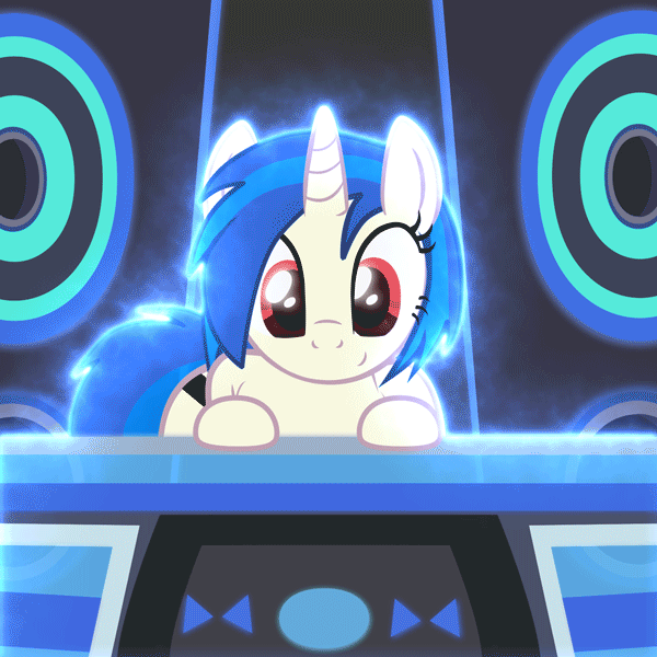 Size: 600x600 | Tagged: safe, artist:ribiruby, character:dj pon-3, character:vinyl scratch, species:pony, species:unicorn, animated, bent over, both cutie marks, butt shake, female, front view butt, gif, glow, mare, missing accessory, plot, sexy, show accurate, solo, stupid sexy vinyl, sway, thick, turntable, wide hips, wrong eye color