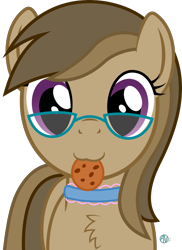 Size: 1532x2104 | Tagged: safe, artist:arifproject, oc, oc only, oc:dawnsong, species:earth pony, species:pony, :3, arif's scrunchy pone, chest fluff, choker, cookie, cute, female, fluffy, food, glasses, looking at you, mare, mouth hold, nom, simple background, smiling, solo, transparent background, vector