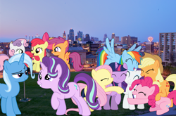 Size: 3024x1998 | Tagged: safe, artist:8-notes, artist:dashiesparkle edit, artist:logan859, artist:tardifice, artist:techrainbow, edit, character:apple bloom, character:applejack, character:fluttershy, character:pinkie pie, character:rainbow dash, character:rarity, character:scootaloo, character:starlight glimmer, character:sweetie belle, character:trixie, character:twilight sparkle, character:twilight sparkle (alicorn), species:alicorn, species:pegasus, species:pony, cutie mark, cutie mark crusaders, female, filly, giant pony, giant rainbow dash, giant starlight glimmer, giant/macro cutie mark crusaders, irl, kansas city, macro, mane six, mega trixie, mega twilight sparkle, mega/giant rainbow dash, photo, ponies in real life, the cmc's cutie marks