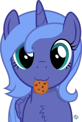 Size: 1959x2920 | Tagged: safe, artist:arifproject, character:princess luna, species:alicorn, species:pony, :3, arif's scrunchy pone, chest fluff, cookie, cute, female, filly, food, looking at you, mare, mouth hold, s1 luna, simple background, solo, transparent background, vector, woona, younger
