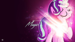 Size: 3840x2160 | Tagged: safe, artist:illumnious, character:starlight glimmer, species:pony, species:unicorn, confident, female, lens flare, mare, raised hoof, solo, swirl, triangle, vector, wallpaper