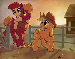 Size: 2951x2320 | Tagged: safe, artist:gsphere, character:apple bloom, character:applejack, character:big mcintosh, species:earth pony, species:pony, adorabloom, apple family, apple siblings, applejack's hat, brother and sister, clothing, cowboy hat, cute, dawwww, family, featured on derpibooru, female, fence, filly, freckles, hat, jackabetes, macabetes, male, mare, open mouth, ponies riding ponies, raised hoof, scenery, siblings, stallion, stetson, sunset, trio, wholesome, yoke