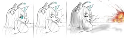Size: 2000x624 | Tagged: safe, artist:alloyrabbit, oc, oc only, oc:anon, oc:orchid, species:human, boop, comic, cute, explosion, eyes closed, kaiju pony, macro, size difference, underhoof