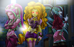 Size: 2500x1600 | Tagged: safe, artist:mauroz, character:adagio dazzle, character:aria blaze, character:sonata dusk, equestria girls:rainbow rocks, g4, my little pony: equestria girls, my little pony:equestria girls, ass, bedroom eyes, belly button, breasts, busty adagio dazzle, busty aria blaze, cleavage, clothing, corset, crossed arms, curvy, female, females only, fishnets, glare, glowing eyes, lidded eyes, looking at you, microphone, midriff, miniskirt, open mouth, pants, red eyes, skirt, socks, sonata donk, stockings, the dazzlings, thigh highs, wide hips, zipper