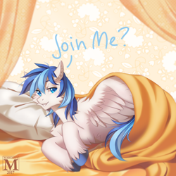 Size: 1200x1200 | Tagged: safe, artist:margony, oc, oc only, oc:rainy, species:pegasus, species:pony, bed, blanket, blue eyes, looking at you, male, on side, open mouth, smiling, solo, spread wings, wings