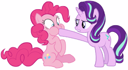 Size: 16500x9000 | Tagged: safe, artist:tardifice, character:pinkie pie, character:starlight glimmer, episode:every little thing she does, g4, my little pony: friendship is magic, absurd resolution, hoof in mouth, puffy cheeks, simple background, sitting, transparent background, vector, wide eyes
