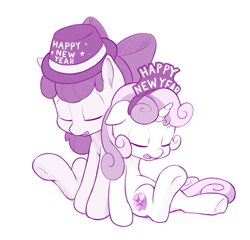 Size: 1041x1000 | Tagged: safe, artist:dstears, character:apple bloom, character:sweetie belle, apple bloom's bow, clothing, cute, cutie mark, duo, happy new year, happy new year 2017, hat, monochrome, simple background, sleeping, the cmc's cutie marks, tired, trilby, underhoof