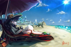Size: 6200x4056 | Tagged: safe, artist:alumx, character:princess celestia, species:alicorn, species:griffon, species:pony, g4, absurd resolution, banana, basket, beach, beach chair, beach umbrella, boat, clothing, cloud, digital art, digital painting, drink, drinking, drinking straw, female, food, hat, lens flare, lounge chair, lounging, lying down, mare, ocean, resting, sand, scenery, signature, sky, solo focus, sun, sun hat, sunglasses, umbrella, vacation, water, wave