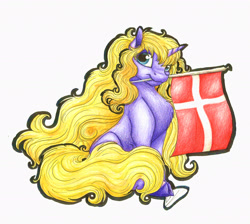 Size: 2595x2329 | Tagged: safe, artist:lupiarts, oc, oc only, species:pony, species:unicorn, danish flag, denmark, flag, simple background, solo, traditional art, white background