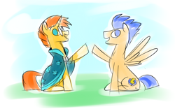 Size: 1134x707 | Tagged: safe, artist:metal-kitty, edit, character:flash sentry, character:sunburst, crystal empire duo, cute, diasentres, looking back, open mouth, raised hoof, sitting, smiling, spread wings, sunbetes, wings