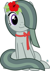 Size: 2000x2841 | Tagged: safe, artist:arifproject, character:marble pie, species:earth pony, species:pony, :3, catface, cute, female, flower, flower in hair, hair over one eye, hibiscus, marblebetes, meme, ribbon, simple background, sitting, sitting catface meme, solo, transparent background, vector