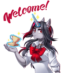 Size: 805x900 | Tagged: safe, artist:margony, oc, oc only, oc:flying dream, species:anthro, species:pony, species:unicorn, anthro oc, clothing, female, glowing horn, looking at you, magic, simple background, smiling, solo, transparent background