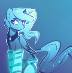 Size: 1400x1410 | Tagged: safe, artist:darkflame75, character:princess luna, species:pony, lunadoodle, blue background, clothing, cute, female, gradient background, lunabetes, monochrome, sitting, socks, solo, striped socks