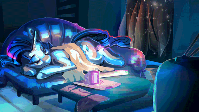 Size: 765x430 | Tagged: safe, artist:alumx, artist:equum_amici, character:rarity, animated, beverage, blanket, cinemagraph, couch, cup, envelope, female, gif, living room, night, night sky, prone, solo, stars, television, watching