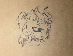 Size: 1280x990 | Tagged: safe, artist:elzzombie, character:rainbow dash, species:anthro, bust, demon, ear piercing, female, horns, looking at you, monochrome, piercing, portrait, solo, tongue out, traditional art