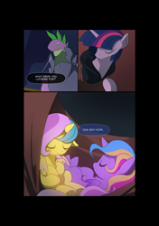 Size: 3541x5016 | Tagged: safe, artist:gashiboka, character:princess gold lily, character:princess sterling, character:spike, character:twilight sparkle, character:twilight sparkle (alicorn), species:alicorn, species:dragon, species:pony, comic:recall the time of no return, absurd resolution, comic, cute, female, filly, foal, grimdark series, older, older spike