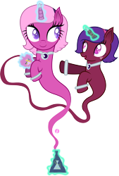 Size: 6246x9267 | Tagged: safe, artist:illumnious, oc, oc only, oc:aura midnight, oc:flares midnight, species:pony, species:unicorn, absurd resolution, cute, duo, duo female, female, genie, genie pony, glowing horn, magic, mare, simple background, smiling, transparent background, twins, vector