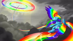Size: 3840x2160 | Tagged: safe, artist:dstears, character:rainbow dash, g4, my little pony: friendship is magic, badass, big wings, cloud, colored wings, electricity, epic, female, flying, multicolored wings, rainbow power, rainbow wings, solo, sonic rainboom, storm, wings
