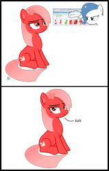 Size: 2200x3459 | Tagged: safe, artist:arifproject, artist:badumsquish, part of a set, oc, oc only, oc:downvote, oc:theme, species:earth pony, species:pony, species:unicorn, derpibooru, derpibooru ponified, derpibooru theme illusion, dialogue, downvote vs theme, female, hairclip, illusion, kek, looking at you, meta, part of a series, ponified, reply, simple background, sitting, smiling, transparent background, vector