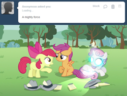 Size: 993x755 | Tagged: safe, artist:capnpea, edit, edited screencap, screencap, character:apple bloom, character:featherweight, character:scootaloo, character:sweetie belle, species:pegasus, species:pony, episode:ponyville confidential, g4, my little pony: friendship is magic, cutie mark crusaders, fimbriae, glowing eyes, tumblr