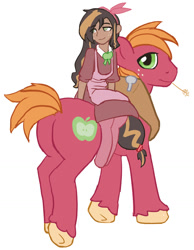 Size: 1154x1488 | Tagged: safe, artist:moronsonofboron, character:big mcintosh, oc, oc:darcy, parent:big macintosh, satyr, species:pony, apron, clothing, dress, father and daughter, male, offspring, satyrs riding ponies, simple background, white background