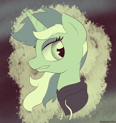 Size: 1892x2000 | Tagged: safe, artist:notenoughapples, character:lyra heartstrings, species:pony, species:unicorn, abstract background, bust, clothing, dig the swell hoodie, female, grin, hoodie, limited palette, looking back, portrait, smiling, solo
