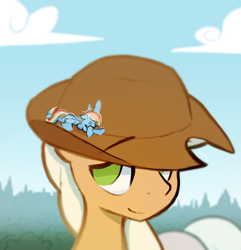Size: 1400x1453 | Tagged: safe, artist:darkflame75, character:applejack, character:rainbow dash, species:earth pony, species:pegasus, species:pony, big-apple-pony, clothing, commission, cowboy hat, crossed hooves, cute, duo, eyes closed, giant pony, hat, looking up, macro, nap, never doubt ncmares's involvement, sleeping, smiling, stetson