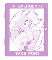 Size: 781x900 | Tagged: safe, artist:dstears, character:applejack, species:earth pony, species:pony, bronybait, case, emergency glass, emergency pony, female, looking at you, mare, missing accessory, monochrome, scared, solo, trapped, wide eyes