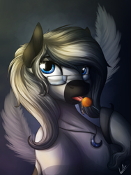 Size: 3000x4000 | Tagged: safe, artist:lupiarts, oc, oc only, oc:sassy response, species:earth pony, species:pony, bust, candy, feather, female, food, glasses, jewelry, lollipop, mare, moon, necklace, portrait, solo