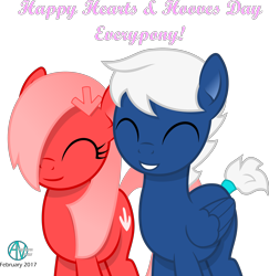 Size: 2879x2962 | Tagged: safe, artist:arifproject, oc, oc only, oc:downvote, oc:snowy knight, species:earth pony, species:pegasus, species:pony, derpibooru, derpibooru ponified, episode:hearts and hooves day, g4, my little pony: friendship is magic, cute, dowy, eyes closed, female, hair over one eye, hairclip, male, meta, ponified, shipping, short tail, simple background, smiling, straight, text, transparent background, valentine's day, vector