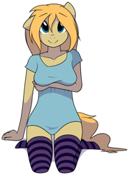 Size: 1280x1732 | Tagged: safe, artist:furrgroup, oc, oc only, species:anthro, clothing, looking at you, shirt, socks, solo, striped socks, thigh highs