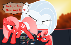 Size: 2999x1920 | Tagged: safe, artist:arifproject, artist:badumsquish, derpibooru original, part of a set, oc, oc only, oc:albany, oc:downvote, oc:theme, species:earth pony, species:pony, derpibooru, derpibooru ponified, dialogue, downvote vs theme, female, hairclip, meta, part of a series, ponified, reply, teasing, vector, we need to go deeper