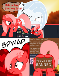 Size: 2024x2590 | Tagged: safe, artist:arifproject, artist:badumsquish, derpibooru original, part of a set, oc, oc only, oc:albany, oc:downvote, species:earth pony, species:pony, derpibooru, derpibooru ponified, asking for it, ban, derp, dialogue, downvote vs theme, face down ass up, female, hairclip, meta, part of a series, plot, ponified, reply, squishy plot, stamp, teasing, vector