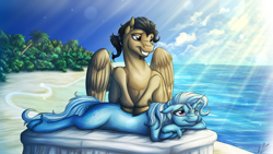 Size: 3840x2160 | Tagged: safe, artist:lupiarts, character:trixie, species:pegasus, species:pony, species:unicorn, beach, crossover, hooves, juandissimo, male, massage, ocean, prone, stallion, the fairly oddparents, unshorn fetlocks